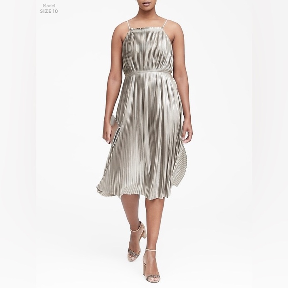 Banana Republic Metallic Silver Pleated Midi Dress, Size 10
